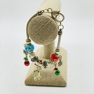 Christmas Charm Bracelet Reindeer Snowflakes Jingle Bells Red Green Enamel Beads